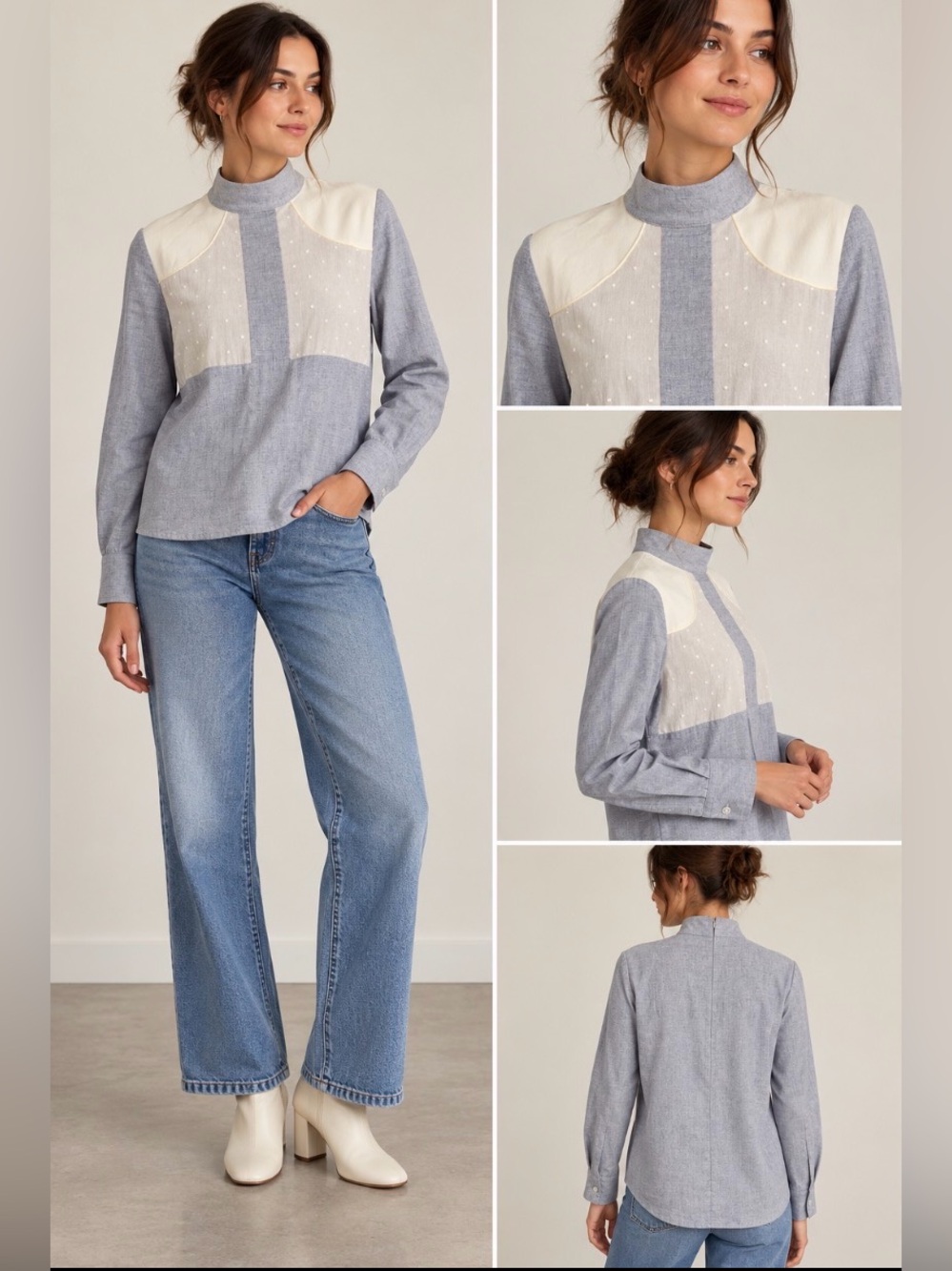 Jennifer Glasgow Tala Top Gray Ivory Cotton Colorblock Blouse S Made Canada
